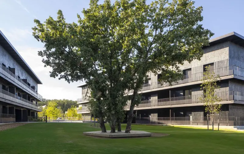 Résidence en bois sombre autour d’une cour plantée